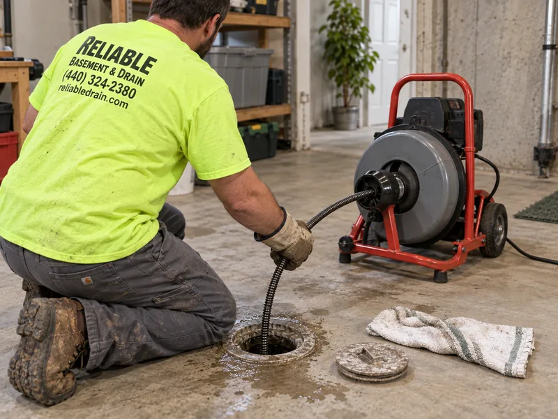 Service illustration of cable drain cleaning by a technician in a lime Reliable uniform