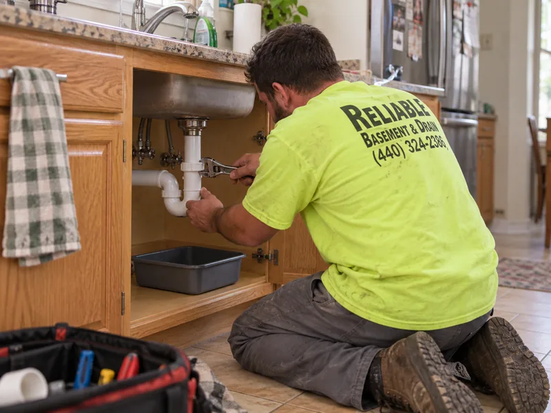 Service illustration of a plumbing repair by a technician in a lime Reliable uniform