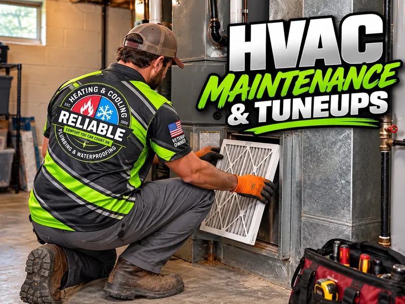 Client-provided HVAC maintenance and tuneups artwork with a Reliable uniformed technician