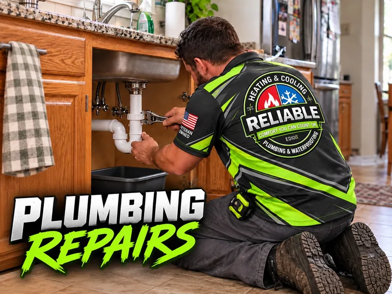 Client-provided plumbing repairs artwork with a Reliable uniformed technician